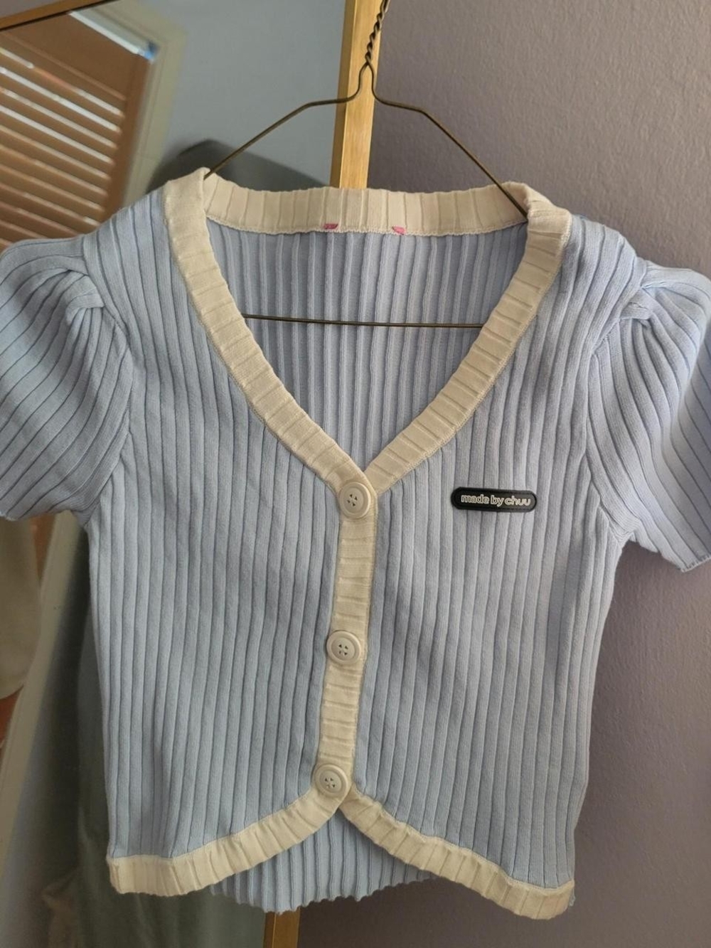 Chuu-Light Blue Ribbed Button-Front Top